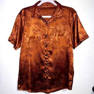 Burnt Orange Jacquard Floral Short Sleeved Button-Up Shirt
